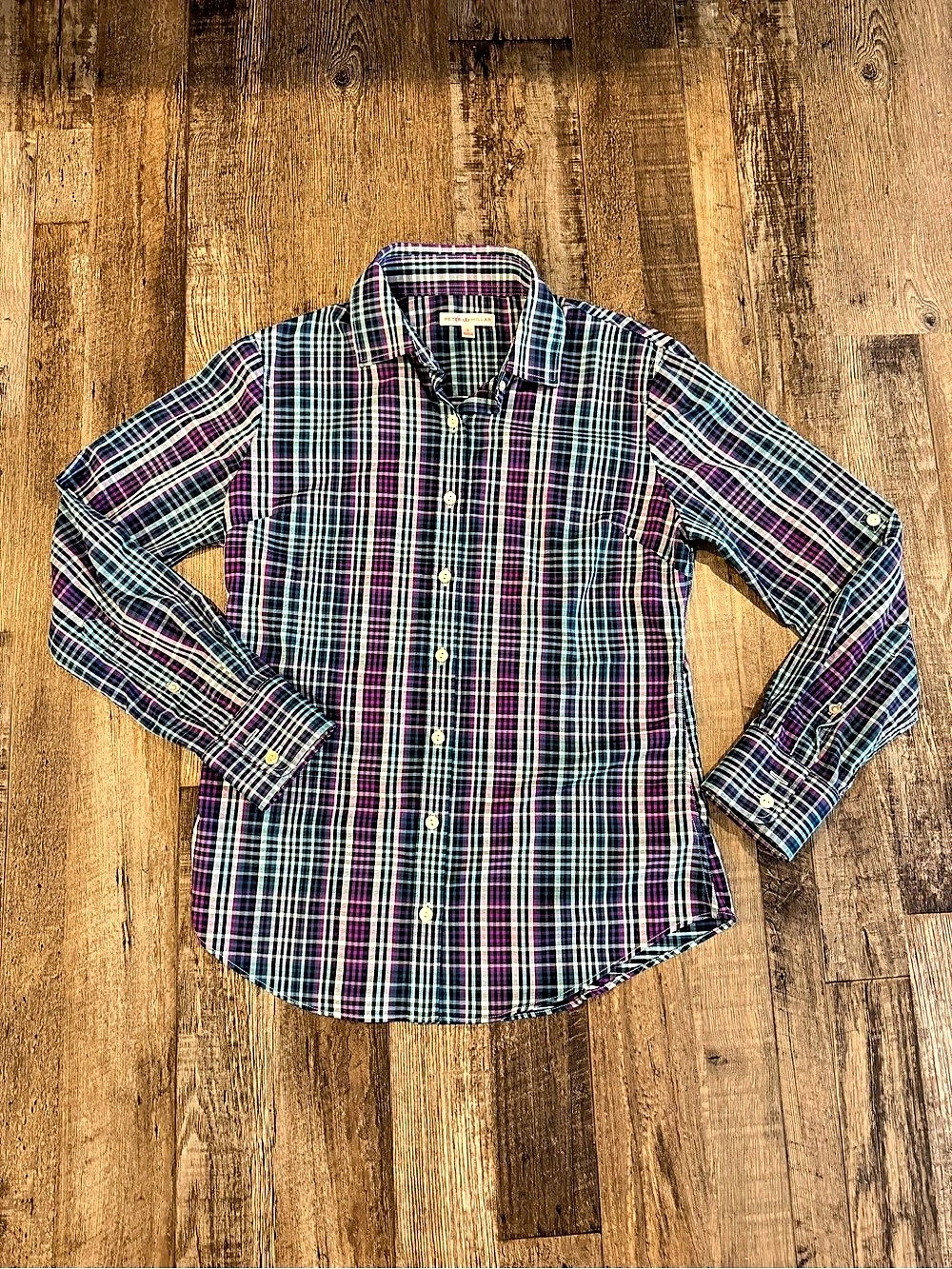 Peter Millar Plaid Button Down in Purple & Green Small Like New